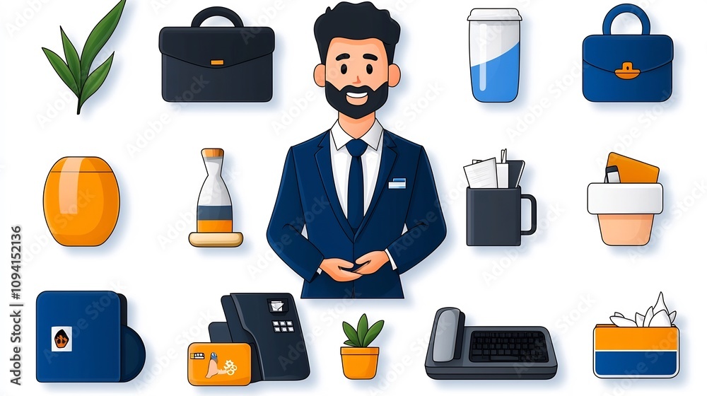 Poster featuring a series of 15 outline icons depicting various receptionist activities guest services and customer assistance at a reception desk in a modern minimalist style
