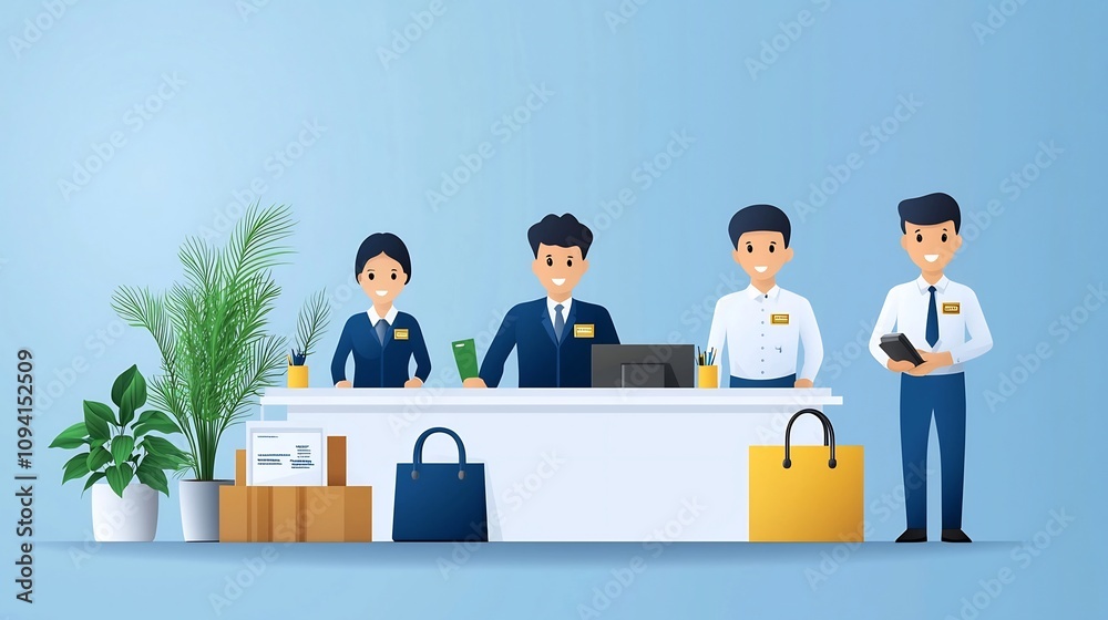 Aufkleber Set of 15 minimalist icons in line art style depicting various reception desk functions and symbols including staff guests cashiers and hotel desks