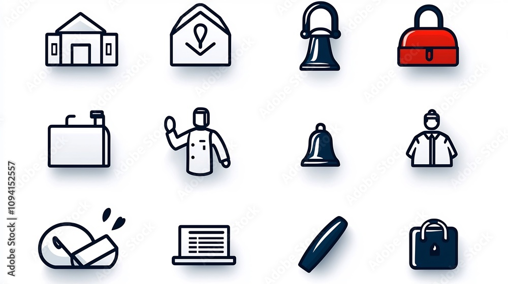 Aufkleber collection of 15 simple linear icons representing reception staff client interactions hotel bells an