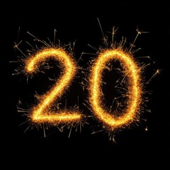 Golden sparklers number 20 on black background celebrating anniversary birthday party design