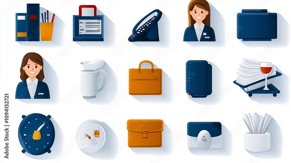 Aufkleber set of clean and simple outline icons related to hotel reception management staff roles and service 