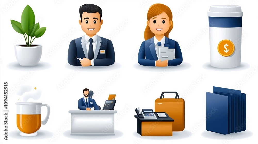 Leinwandbilder collection of 15 icons illustrating various aspects of a reception desk including customer assistanc