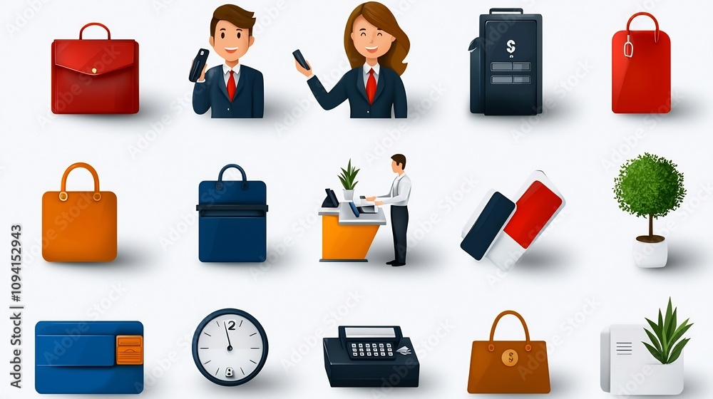 Aufkleber set of 15 icons illustrating reception desk concepts including assistance cashier staff interaction 