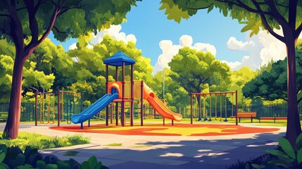 A vibrant playground with slides and swings surrounded by lush greenery on a sunny day.