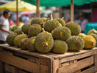 A display of whole durians arranged in a pile at an outdoor market stall.
