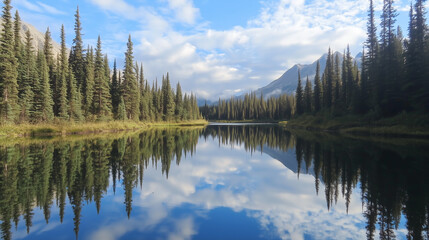 Reflections of trees and clouds on a calm lake with a glassy surface.