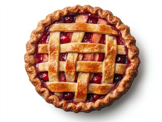 A freshly baked cherry pie with a golden brown crust and a lattice top.