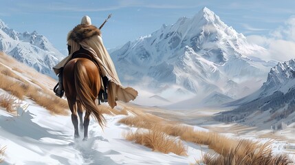 A lone warrior in fur-lined armor on a sturdy horse in a snow-covered valley, with a wind through the mane and a fantasy backdrop.