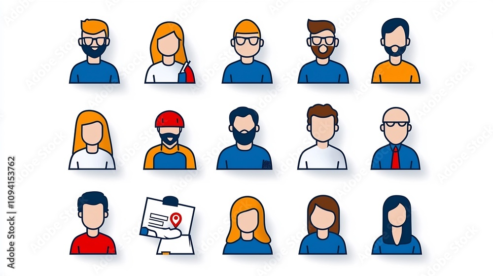 Poster Clean design of a set of 15 thin line icons depicting various people related themes such as participants groups and teams working together in a corporate or business setting