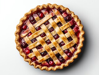 A freshly baked cherry pie with a lattice crust on a white background.