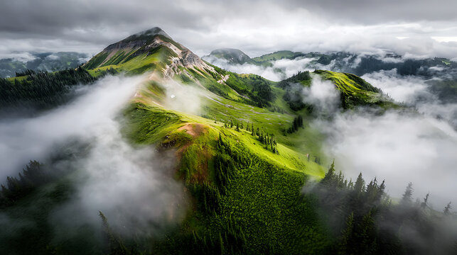 breathtaking mountain landscape with lush green hills and clouds rolling over peaks, creating dramatic and serene atmosphere