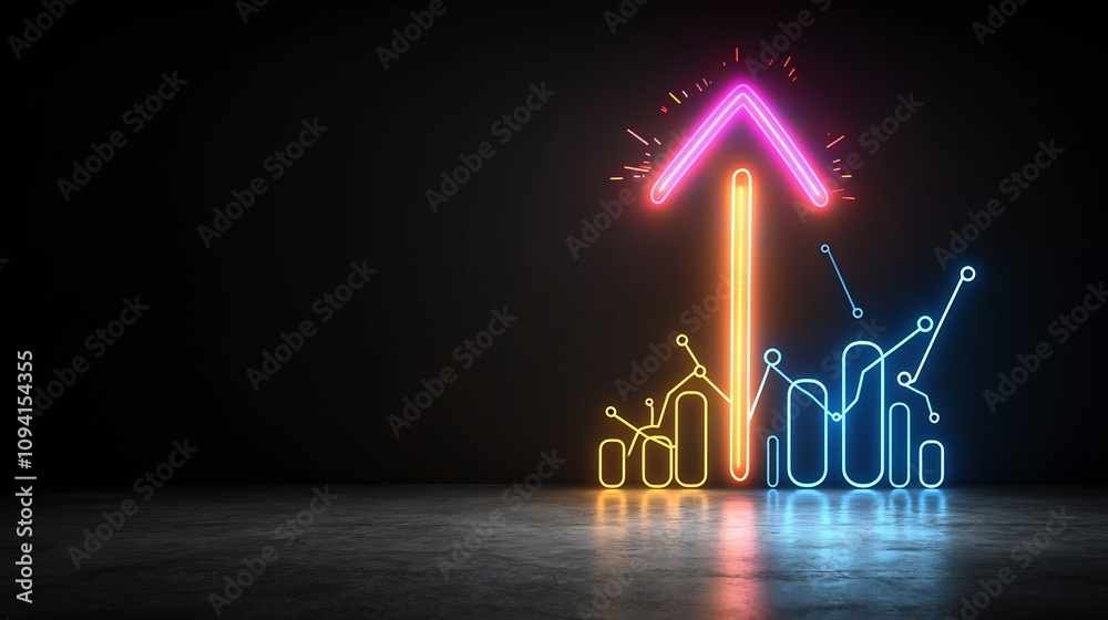 Poster upward glowing arrow with vibrant neon colors radiating energy and motion against a solid black back