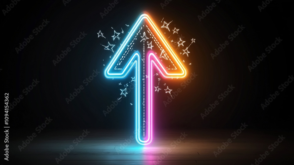 Aufkleber upward glowing arrow with vibrant neon colors radiating energy and motion against a solid black back