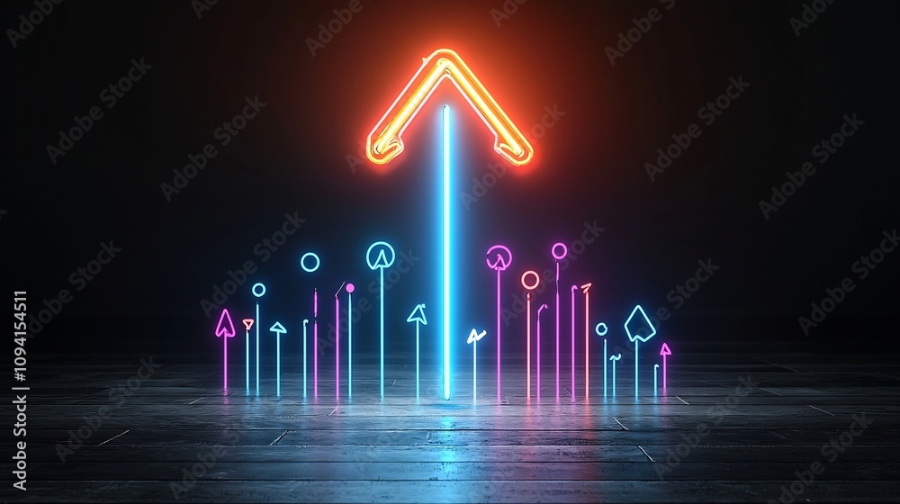 Poster glowing luminous neon beam forming an upward pointing arrow emanating dynamic and powerful energy on