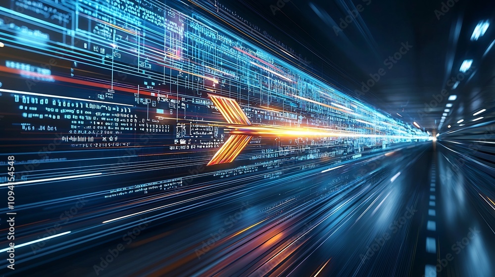 Aufkleber Captivating glowing arrow of colorful light beams ascending powerfully on a sleek dark and mysterious background  This dynamic and visually striking image conveys a sense of energy motion