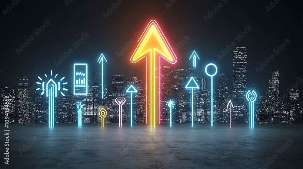 Poster upward glowing arrow made of vibrant neon colors radiating dynamic energy and motion against a solid