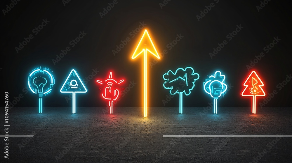 Poster Neon colored arrow rising with dynamic energy glowing brightly against a bold black background  This abstract futuristic design symbolizes progress innovation and the power of transformation