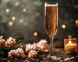 Elegant glass of sparkling beverage on table.