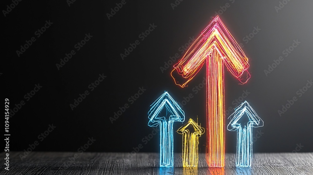 Poster A dynamic and energetic upward pointing arrow glowing with vibrant streaks of light against a sleek black background  This graphic symbolizes progress growth and innovative momentum