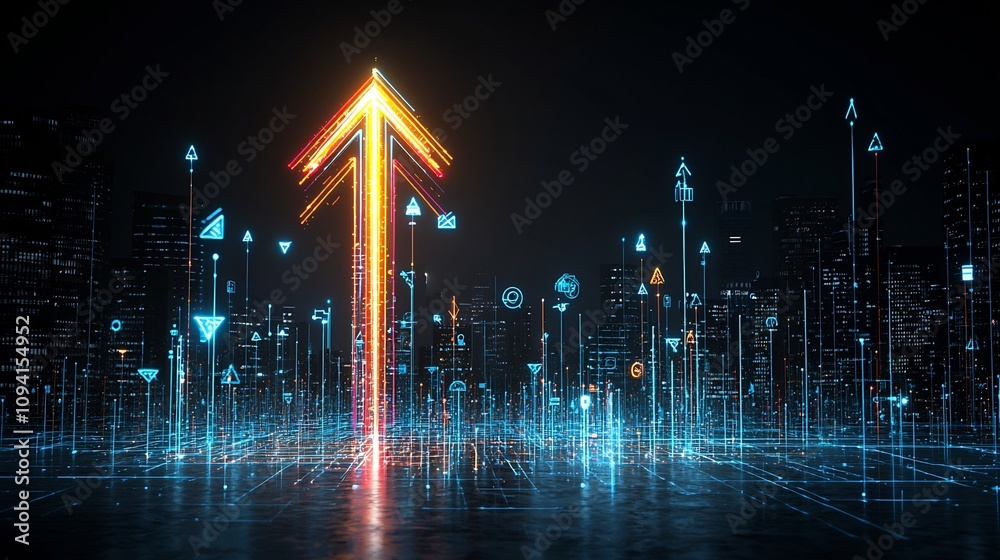 Aufkleber Brightly glowing arrow made of colorful beams pointing upward and conveying a sense of fast motion and dynamism on a deep black background  The image evokes a feeling of energy power