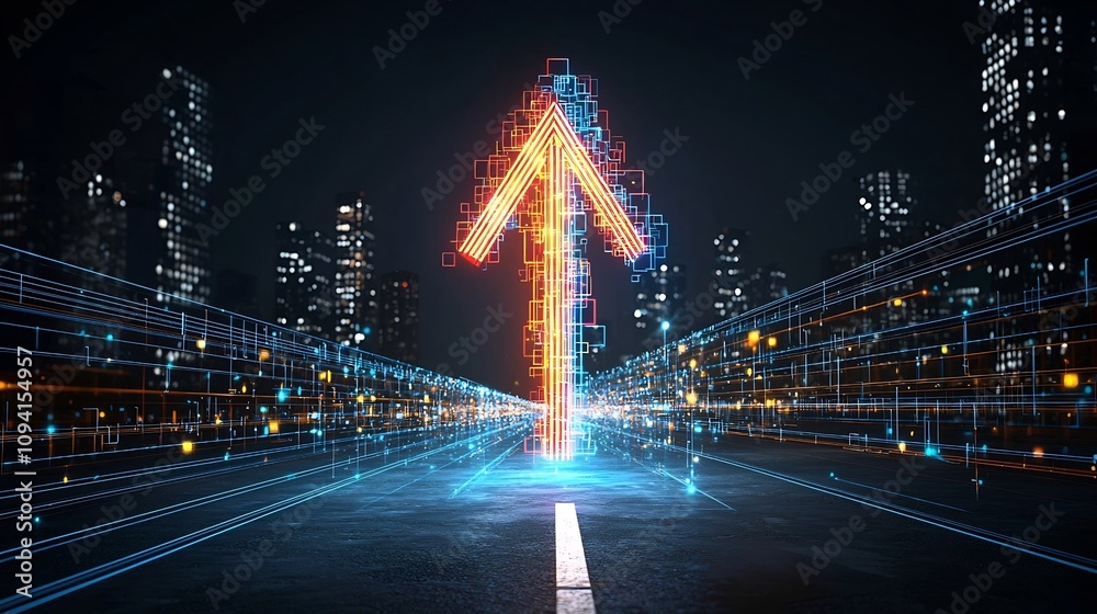 Fototapete striking image of a brightly glowing colorful arrow made of radiant beams pointing upward and convey