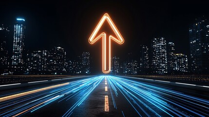 Dynamic upward arrow radiating with vibrant streaks of light glowing intensely against a sleek black canvas symbolizing progress growth and a powerful journey forward