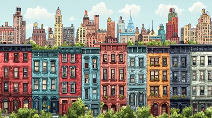 Obraz premium Vibrant Urban Landscape Featuring Colorful Brownstone Buildings with Iconic Skyscrapers and Lush Greenery Under a Bright Blue Sky