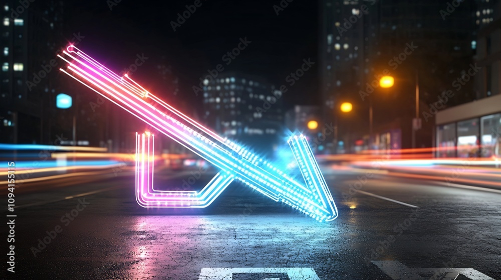 Poster Captivating image of a vibrant glowing arrow shape created by intersecting beams of colorful light rapidly moving upward against a bold black backdrop conveying a sense of energy technology