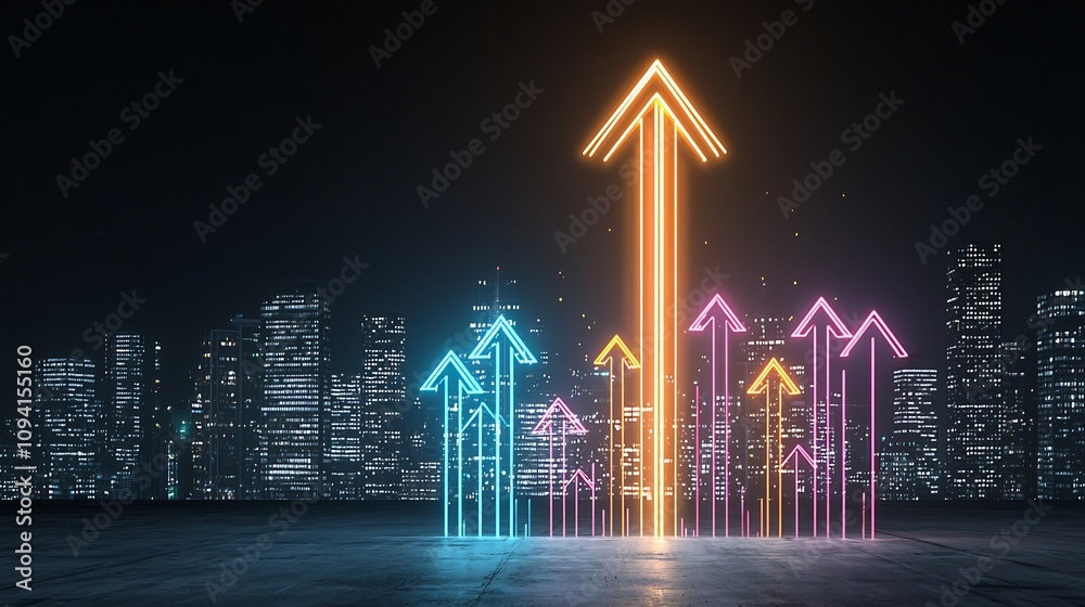 Aufkleber Colorful glowing arrow formed by beams of light moving rapidly upward on a bold black backdrop  The dynamic luminous shape creates a sense of energy power and motion with an ethereal
