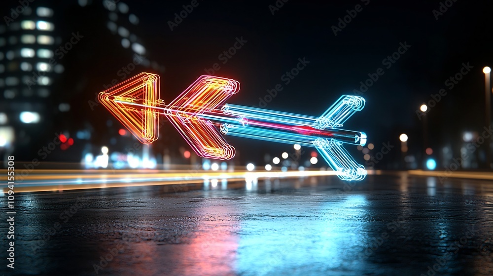 Poster Ascending and dynamic glowing arrow made of vibrant luminous beams that are shining brightly against a pure black background creating a futuristic and energetic digital abstract design