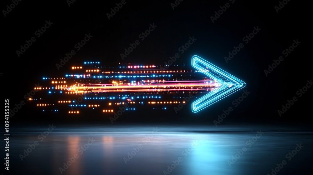 Poster Ascending dynamic glowing arrow made of vibrant shining beams on a pure black background  Futuristic abstract with radiant energy and luminous rays
