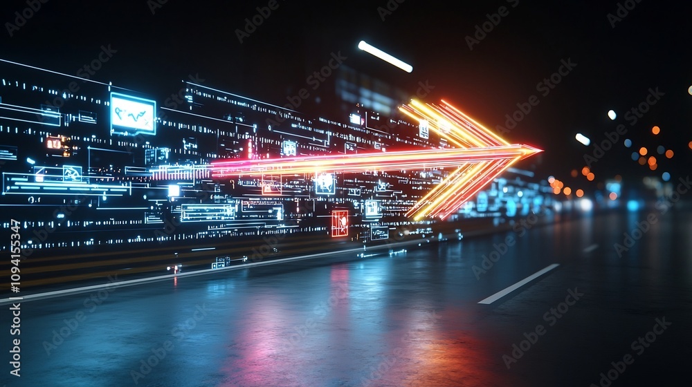 Poster Dynamic and Luminous Glowing Arrow Composed of Vibrant Beams Ascending Powerfully Against a Minimalist Pure Black Background