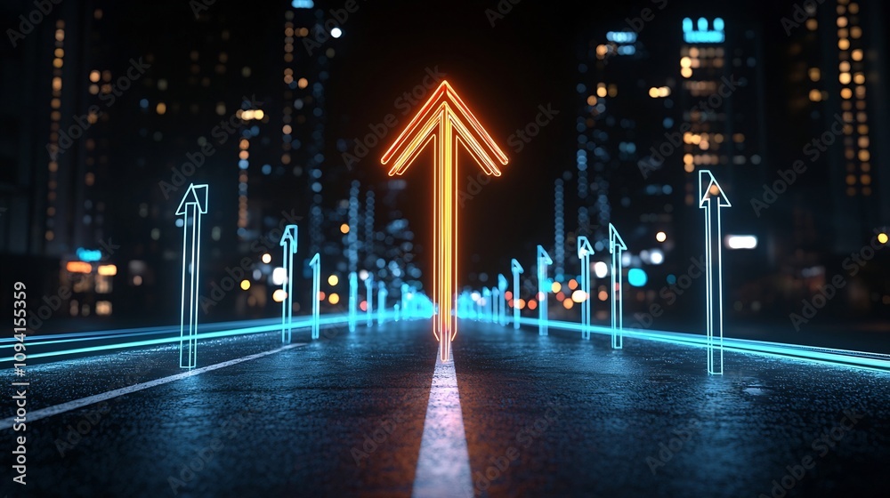 Poster Ascending glowing arrow composed of vibrant shining beams dynamically ascending against a pure black backdrop creating a futuristic digital and powerful visual effect