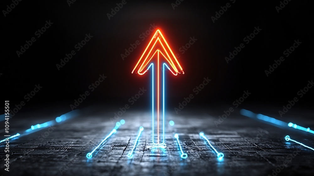 Aufkleber vibrant futuristic neon arrow glowing with energetic light streaks pointing upward on a dark backdro