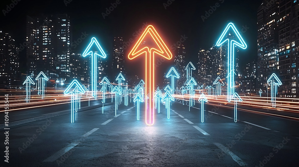 Leinwandbilder captivating futuristic of a neon infused arrow streaking upward with luminous light trails against a