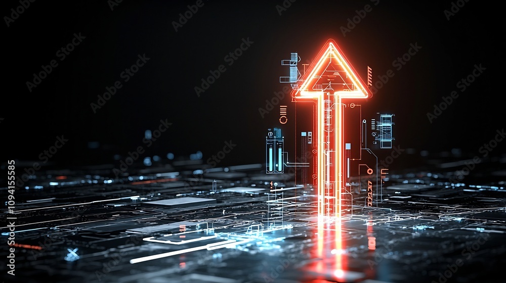 Poster Glowing futuristic arrow streaked with neon light dynamically pointing upward on a sleek dark backdrop symbolizing progress potential and forward momentum