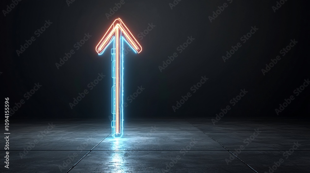 Poster futuristic neon arrow pointing energetically upward surrounded by glowing light streaks against a da