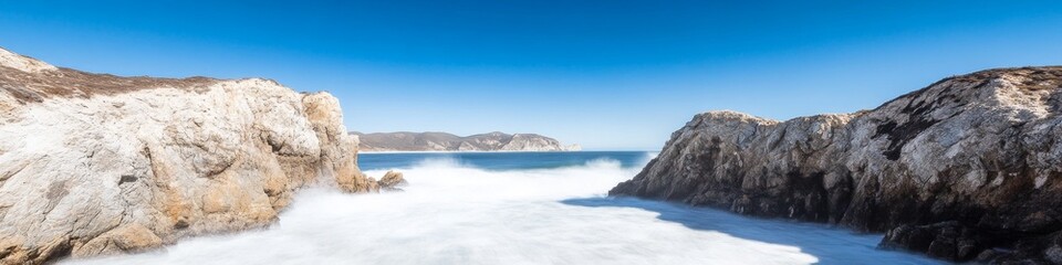 2409_010 A tranquil natural scene with clean space above, overlooking a serene setting featuring rocky coastline, with an open space nestled amidst rugged sea cliffs, set against a crashing waves