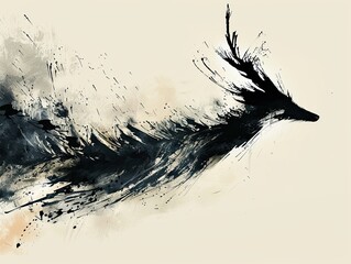 Abstract representation of a deer in motion, crafted with expressive brush strokes and splashes of black ink, capturing a sense of freedom and wildness against a soft, neutral background.
