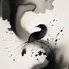 Elegant abstract representation of a bird crafted in black ink, featuring dynamic splashes and flowing lines that convey movement and freedom, set against a soft, minimal background.