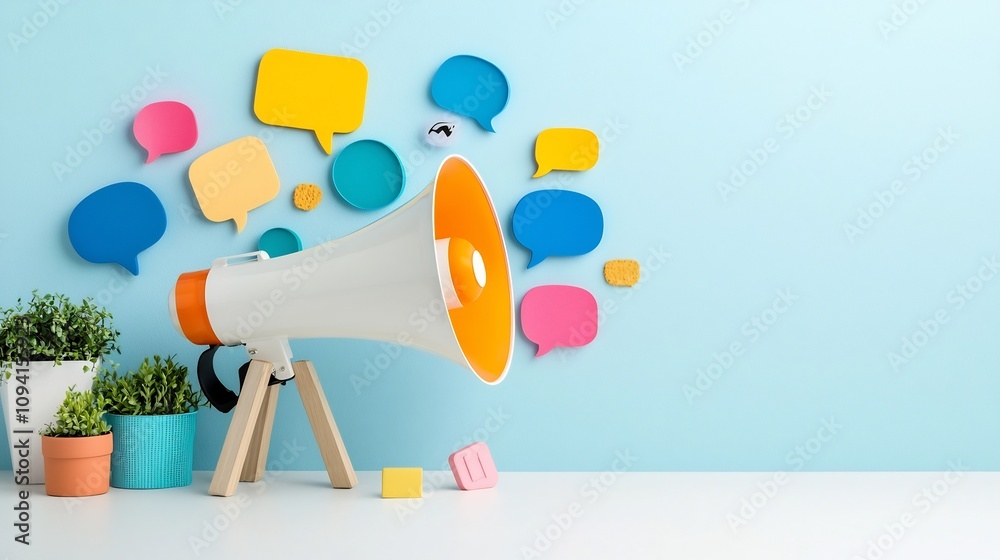 Poster Vibrant megaphone emitting bold colorful speech bubbles against a clean minimalist background representing dynamic marketing concepts and strategies for effective advertising and business promotion