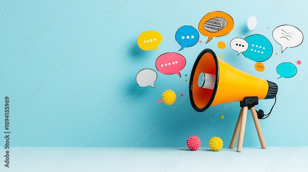 Leinwandbilder Vibrant and bold megaphone emitting dynamic colorful speech bubbles against a clean minimalist background representing powerful marketing concepts and communication strategies