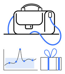 Briefcase data graph and gift box combine sleek design elements with efficiency. Ideal for business, data, analytics, organization, presentation, gifting, modern lifestyle. Line metaphor