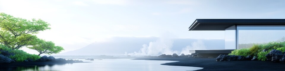 Fototapeta premium 2409_019 A tranquil natural scene with clean space above, overlooking a serene setting featuring volcanic landscape, with an open space nestled amidst black sand beach, set against a steaming hot
