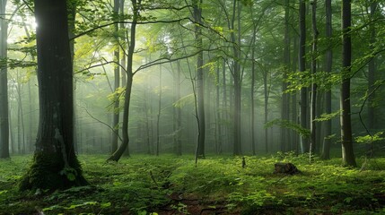 Obraz premium Misty forest at dawn, ethereal and mysterious