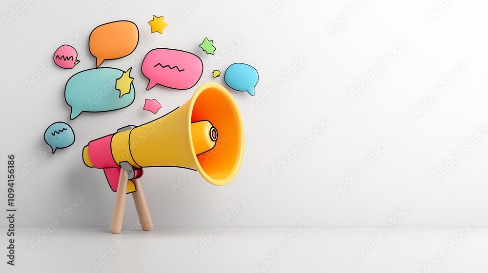 Poster vibrant megaphone projecting colorful speech bubbles symbolizing powerful communication and branding