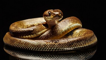 A golden snake, coiled in an elegant and graceful pose, against a black background