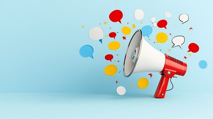 A dynamic and vibrant image showcasing an energetic megaphone releasing a burst of bold colorful speech bubbles that stand out vividly against a minimalistic abstract background