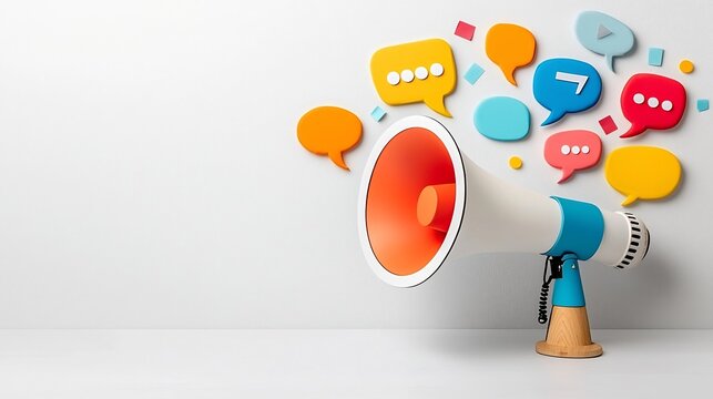 Dynamic megaphone projecting vibrant speech bubbles symbolizing the power of communication branding and messaging against a clean neutral background
