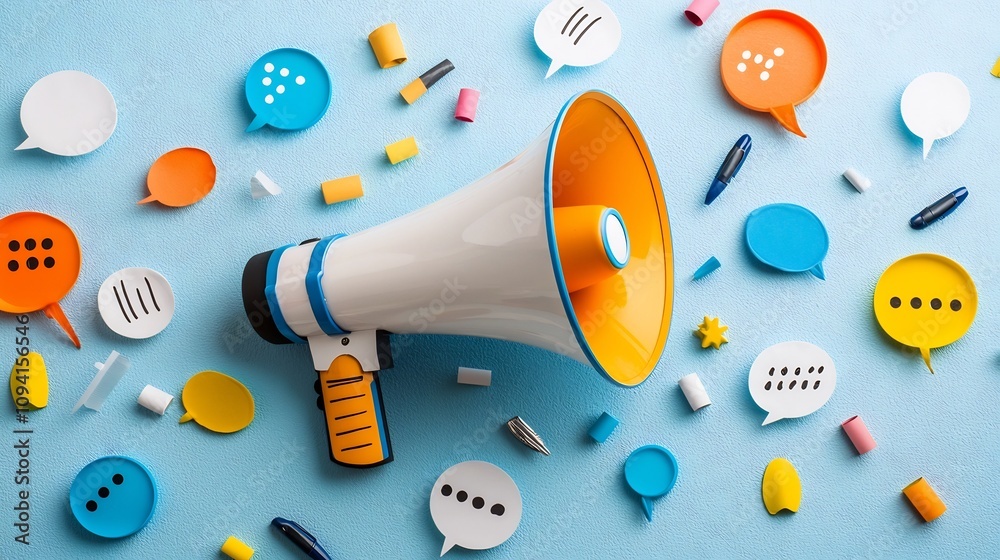 Aufkleber colorful and dynamic of a megaphone surrounded by vibrant speech bubbles emphasizing the power of me